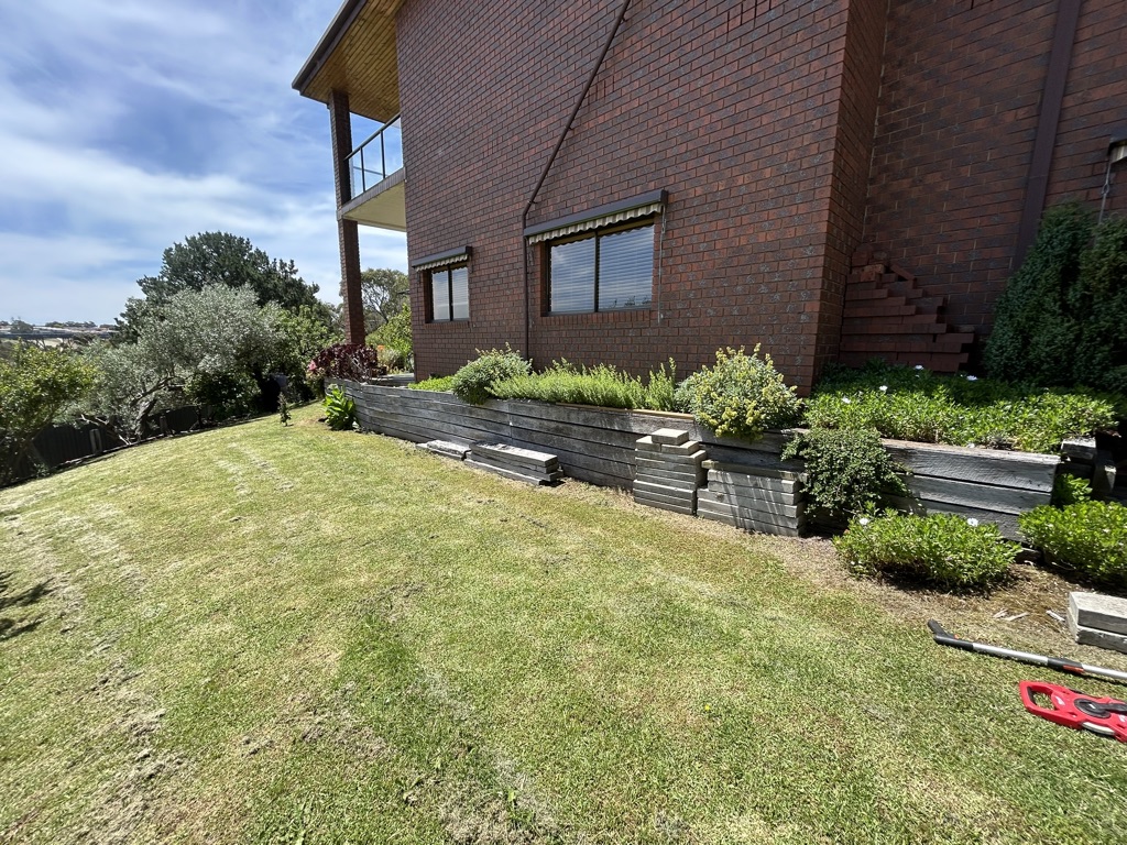 Sloping side lawn and old timber garden edging before works