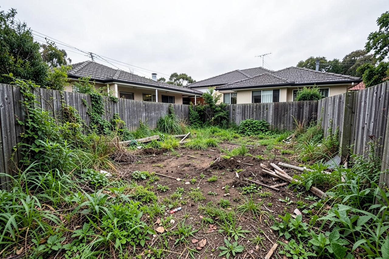 Overgrown backyard before excavation and levelling works