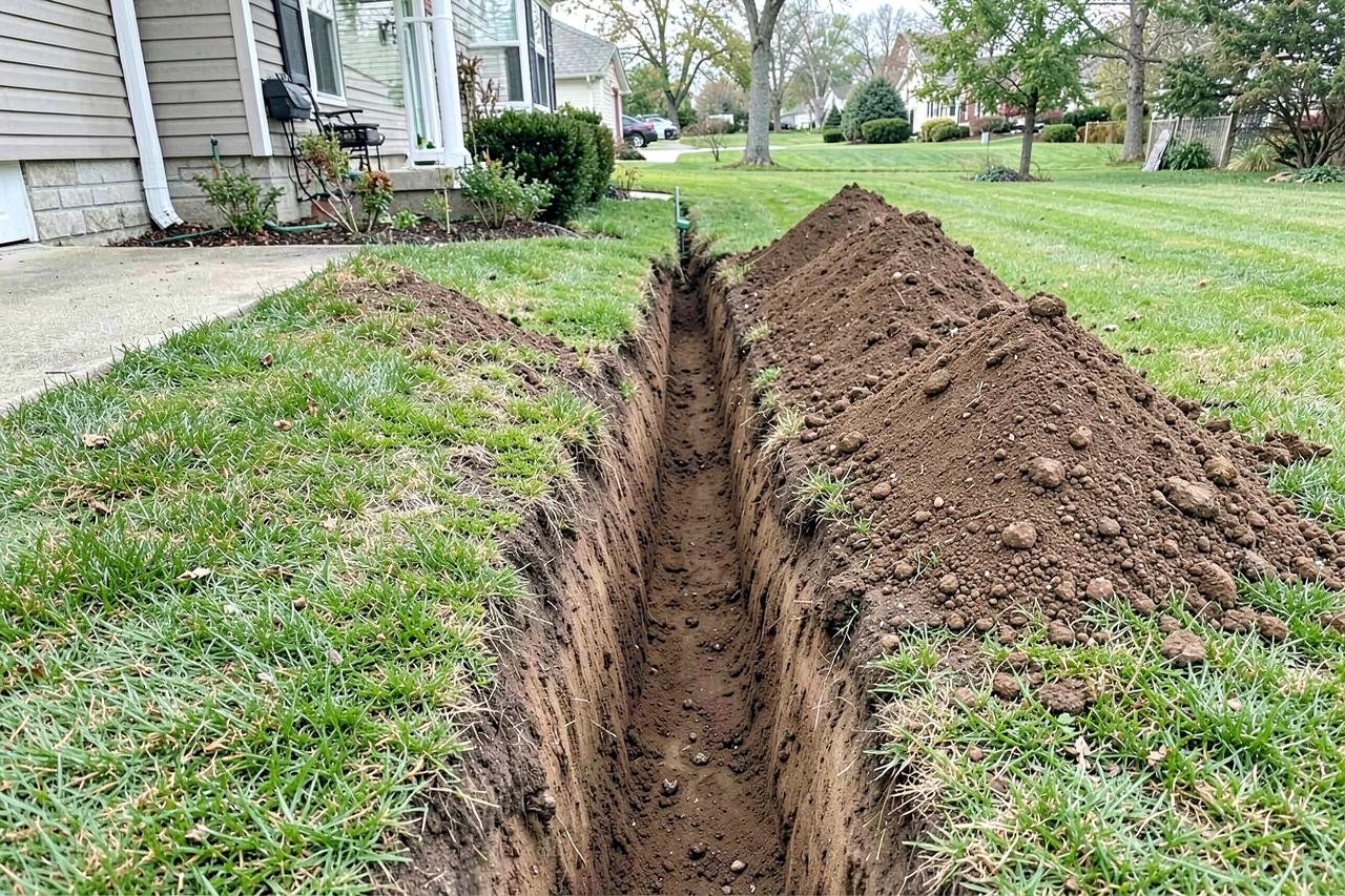 Clean service trench excavated across a prepared site
