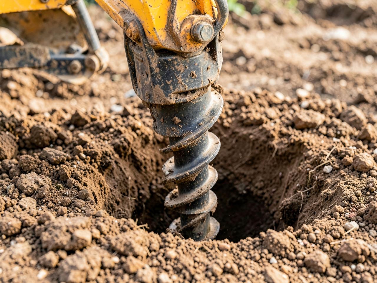 Auger attachment on a mini excavator boring a post hole in clay soil