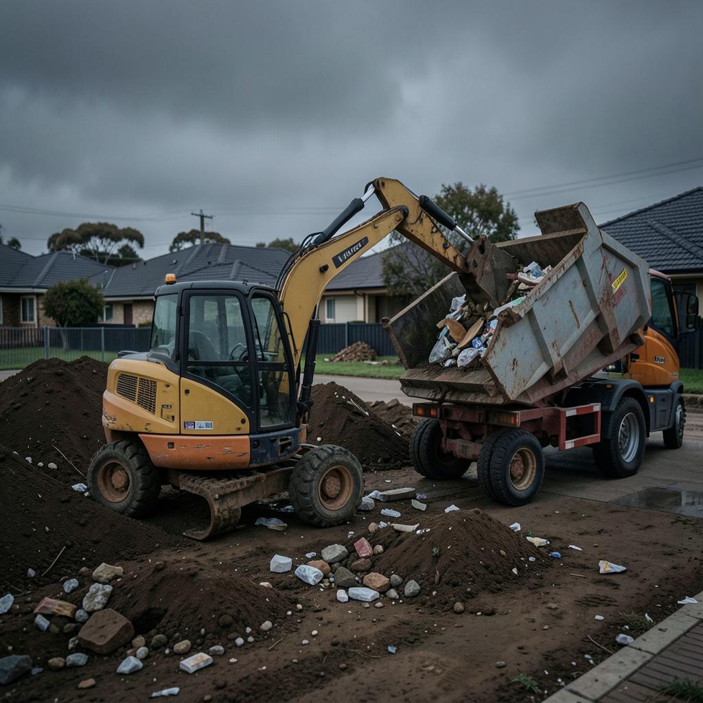Excavator loading rubble and debris into a tipper truck