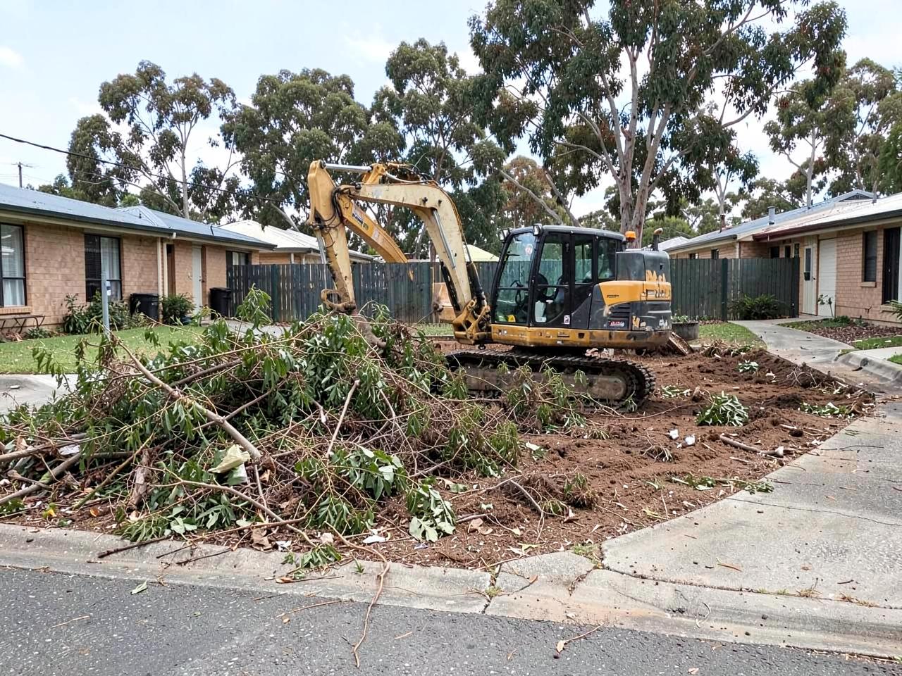 Mini excavator clearing vegetation and debris from a suburban block