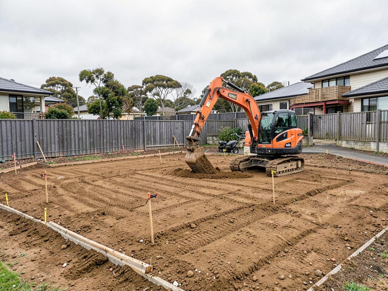 Mini excavator cutting a level pad on a residential site