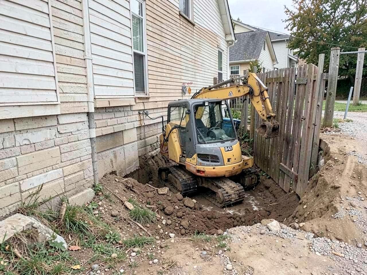 Compact excavator working through a narrow side entry beside a house